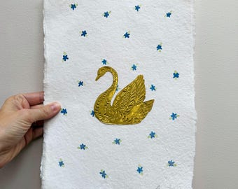 Gold Swan Handmade Paper Wall Art: Cottagecore Nursery Decor