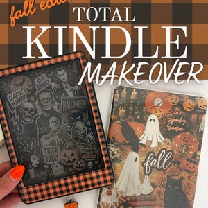May include: Two e-reader covers featuring Halloween themes. One has a black and orange buffalo plaid border with a collage of classic horror monsters. The other is clear with a collage of ghosts, pumpkins, a black cat, and the text It's Spooky Season.