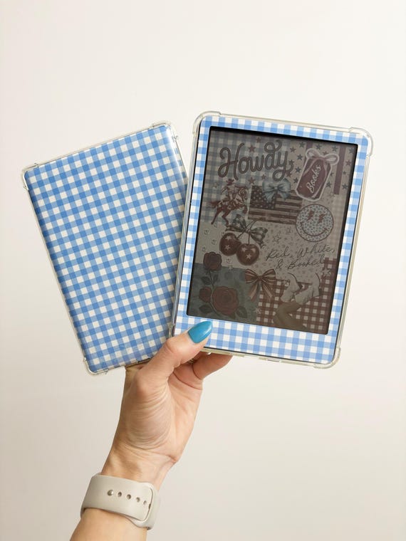 Blue Gingham Checker Kindle Skin – Kindle Girlie Aesthetic Vinyl Decal for Kindle Paperwhite, Colorsoft, Basic, Scribe