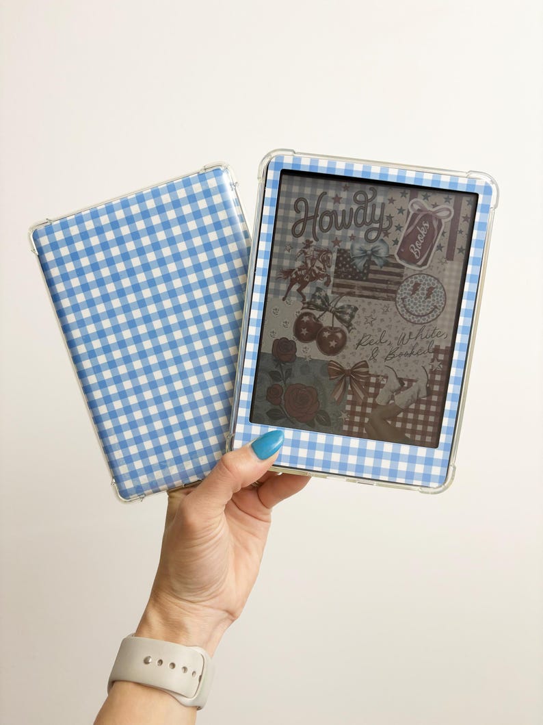 Blue gingham checkered Kindle skin with vinyl decal design – fits Kindle Paperwhite, Scribe, Colorsoft, and Basic – cozy cottagecore aesthetic for book lovers and Booktok readers – front, back, or full set available – adds vintage charm and classic style to your Kindle – perfect accessory for clear Kindle cases – soft blue and white check pattern inspired by picnic vibes, cozy reading days, and timeless bookish style