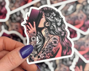 Tattooed Girl Kindle Sticker – Bookish aesthetic vinyl sticker (light complexion) for Kindle, laptop, journals & bookish vibes