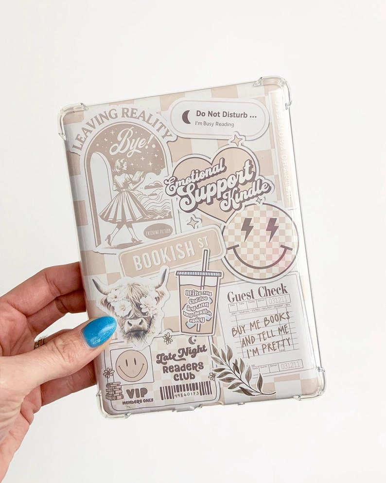 Neutral & Checkered Bookish Stickers Inspired Kindle Inserts | Aesthetic Beige Kindle Decor