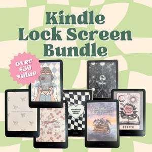 Könnte beinhalten: Ein Bündel von acht Kindle-Sperrbildschirm-Bildern mit verschiedenen Designs, darunter ein Kirschmuster, ein Schachbrettmuster, ein Drache, eine Rose, Mond und Sterne und eine Prinzessin. Der Text "Kindle Lock Screen Bundle" befindet sich oben im Bild. Der Text "over $30 value" befindet sich in einem rosa Kreis unten links im Bild.