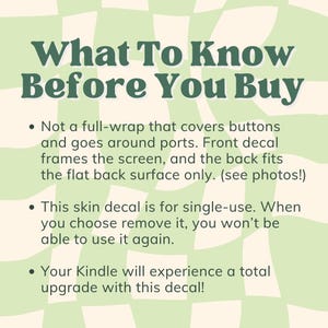 May include: A green and white checkered background with the text "What To Know Before You Buy" in dark green. Bullet points describe the product's features, including that it is not a full-wrap and is for single use.