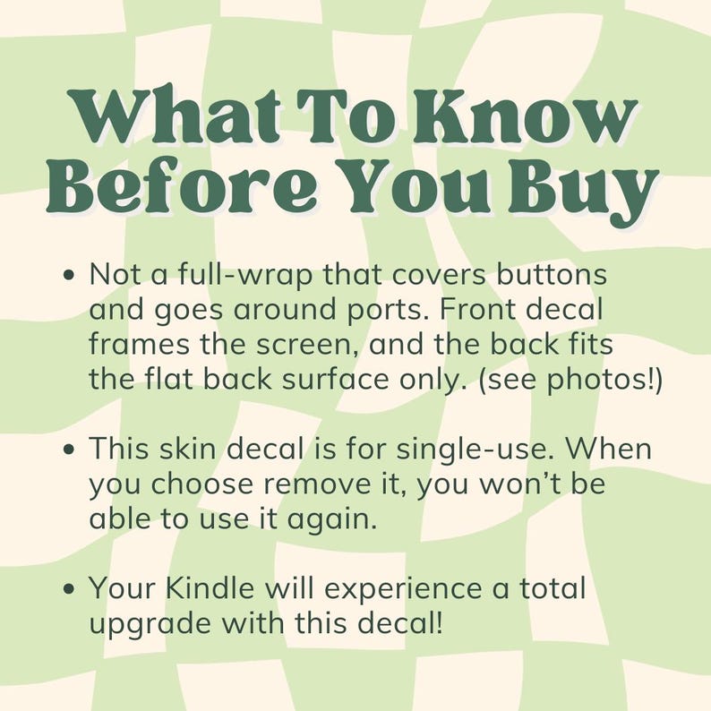 May include: A green and white checkered background with the text "What To Know Before You Buy" in dark green. Bullet points describe the product's features, including that it is not a full-wrap and is for single use.