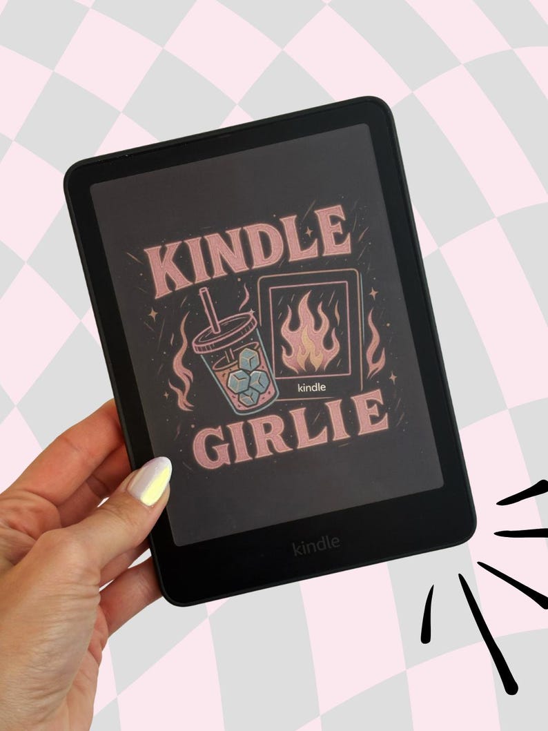 Kindle Girlie lock screen featuring an edgy BookTok-inspired design with a Kindle and iced coffee aesthetic. Perfect for Kindle girlies, bookish besties, and readers decorating their Kindle to match their vibe. Great for BookTok, cozy fall reading, and iced coffee lovers who want a trendy bookish wallpaper. Compatible with Kindle Paperwhite, Scribe, Basic, and Colorsoft models that support custom lock screens.