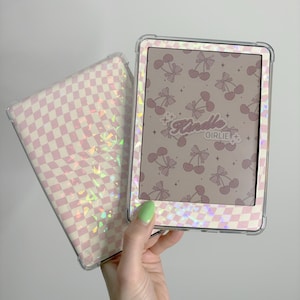 Checkered Holographic Pink Kindle Skin – Kindle Girlie Aesthetic Vinyl Decal for Kindle Paperwhite, Kindle Colorsoft, Basic, Scribe