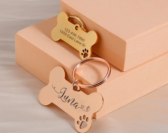 Dog Name Tag, Bone Dog Tag Personalized for Dogs, Engraved Dog Tag, Personalized Dog Tag, New Puppy Gifts, Rose Gold Black Silver Dog Tag
