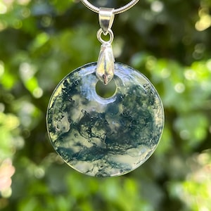 Sterling silver donut shape moss agate pendant, translucent moss agate pendant