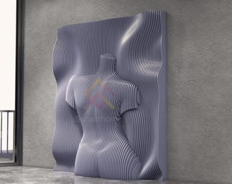 May include: A gray, abstract wall sculpture featuring a female form. The sculpture is made of layered, wavy lines, creating a textured surface. The artwork is displayed in a modern, minimalist interior with a large window.