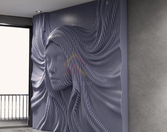 May include: A large, textured wall sculpture depicting a woman's face with flowing hair. The artwork is a monochromatic, light purple color and is mounted on a wall in a modern interior space. The room has a large window and a concrete floor.
