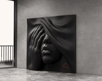 May include: A square black wall art piece featuring a three-dimensional relief sculpture of a face partially covered by a hand. The surface is composed of numerous vertical, parallel ridges that create a wave-like texture across the entire form.