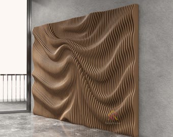 May include: A large rectangular wall art piece composed of numerous vertical brown wooden slats arranged to create a three-dimensional, undulating wave pattern that mimics the appearance of draped fabric or flowing liquid across the surface.
