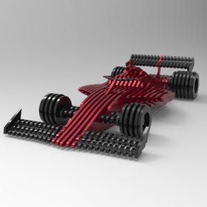 Puede incluir: Modelo de coche de carreras de Fórmula 1 de madera roja y negra. El coche presenta un diseño elegante con carrocería roja y ruedas negras. El alerón delantero y el alerón trasero también son negros. Es una representación detallada.