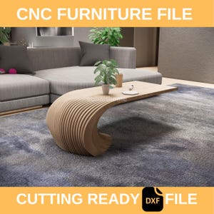 May include: A modern, light wood coffee table with a unique, curved design. The table features a layered, wave-like base and a flat top. The image also includes a gray sectional sofa, a patterned rug, and the text "CNC FURNITURE FILE" and "CUTTING READY DXF FILE".