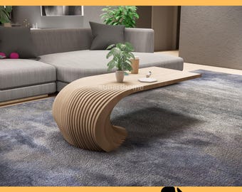 Stolik kawowy parametryczny w formie organicznej, projekt CNC z drewna, minimalistyczny wystrój domu, rysunek nowoczesnych mebli drewnianych do cięcia laserowego, model 6