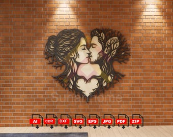 May include: A wooden wall art piece depicting a kissing couple, with tree-like elements framing their faces. The artwork is set against a brick wall, with the word "Sunarhome" visible. Below are file format icons: AI, CDR, DXF, SVG, EPS, JPG, PDF, and ZIP.
