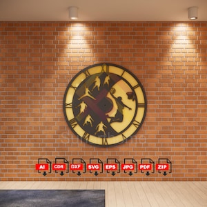 May include: A large, round wall clock with a basketball theme. The clock features a black frame with Roman numerals and a yellow center with basketball player silhouettes. The clock is mounted on a brick wall.