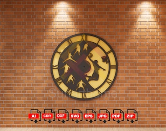 May include: A large, round wall clock with a basketball theme. The clock features a black frame with Roman numerals and a yellow center with basketball player silhouettes. The clock is mounted on a brick wall.