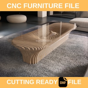 Könnte beinhalten: Ein moderner Couchtisch aus hellem Holz mit einem einzigartigen wellenförmigen Design und einer transparenten Glasplatte. Der Text "CNC FURNITURE FILE" und "CUTTING READY DXF FILE" ist im Bild enthalten.