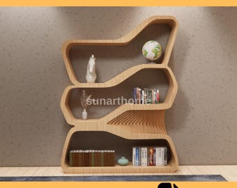 May include: A light-colored wooden CNC furniture file, featuring a unique, flowing bookshelf design with multiple shelves. The shelves are filled with decorative items, books, and a globe. The text "CNC FURNITURE FILE" and "CUTTING READY" are displayed.