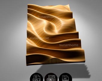 May include: A wooden wall panel with a wavy, textured design. The panel is a light brown color and has the text "sunarthome" printed on it. The panel is shown with three icons at the bottom: STL, OBJ, and STP.