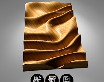 May include: A wooden decorative wall panel with a wave-like design. The panel is made of light brown wood and features a series of flowing, curved lines. The text "sunarthome" is visible on the panel. The bottom of the image shows icons for STL, OBJ, and STP files.