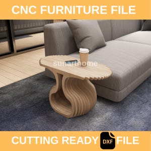 May include: A modern, light-colored wooden side table with a unique, wavy base design. The tabletop is oval with a ridged edge. The image includes the text "CNC FURNITURE FILE" and "CUTTING READY DXF FILE".
