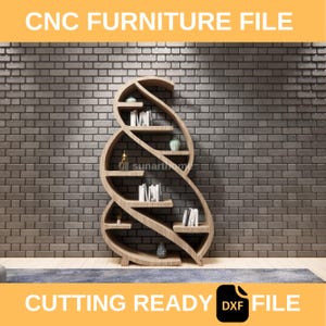 May include: A wooden, free-standing bookshelf with a unique, flowing design. The shelves are arranged in a spiral pattern, holding books and decorative items. The text "CNC FURNITURE FILE" and "CUTTING READY" are displayed at the top and bottom.