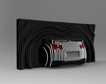 May include: The back of a black and white striped sports car is partially hidden behind a black and white wavy wall. The car's taillights are red.