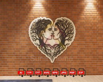 May include: A wooden wall art piece depicting a couple kissing within a heart-shaped design. The artwork features a man and woman with tree-like elements. The piece is mounted on a brick wall. Below the artwork are file type icons.