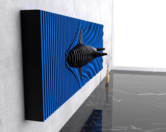May include: A black 3D fish sculpture appears to be swimming through a blue and black striped wall panel. The wall panel is mounted on a white wall.