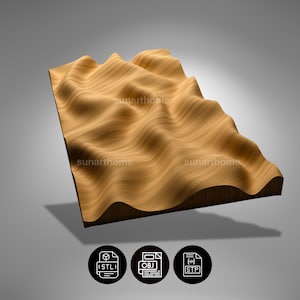 May include: A wooden, wave-like sculpture with a light brown finish. The surface has a textured, rippled appearance, with the text "sunarthome" visible on the surface. The sculpture is set against a gray background, with three icons at the bottom.
