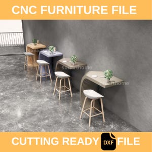 May include: Image of a CNC furniture file featuring a series of modern bar stools and tables. The stools have white seats and light wood legs. The tables are in various colors, with small potted plants on top. Text on the image reads "CNC FURNITURE FILE" and "CUTTING READY DXF FILE."
