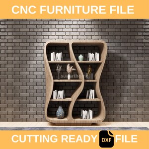 May include: A wooden bookshelf with a unique, flowing design. The shelves are filled with books and decorative items. The text "CNC FURNITURE FILE" and "CUTTING READY DXF FILE" are displayed at the top and bottom of the image.
