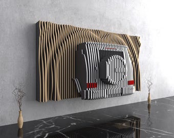 May include: A black and white striped 3D wall art sculpture of a car, mounted on a wooden wall panel with a wavy design. The sculpture is made of thin strips of wood and has red taillights.