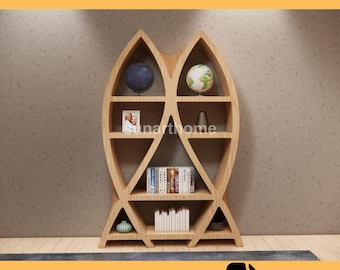 May include: A wooden bookshelf with an abstract design, featuring multiple shelves and a unique shape. The bookshelf is filled with books, globes, and decorative items. The text "CNC FURNITURE FILE" and "CUTTING READY DXF FILE" are displayed.
