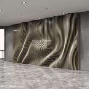 May include: A modern interior space featuring a textured wall with a wave-like design. The wall is made of vertical, light brown wooden panels. The room has a polished concrete floor and recessed ceiling lights.