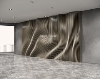 May include: A modern interior space featuring a textured wall with a wave-like design. The wall is made of vertical, light brown wooden panels. The room has a polished concrete floor and recessed ceiling lights.