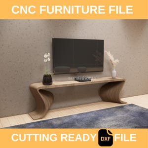 May include: A modern, curved wooden console table with a TV mounted above it. The table has a unique, wave-like design and is accompanied by decorative plants. The image includes the text "CNC FURNITURE FILE" and "CUTTING READY DXF FILE".