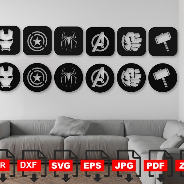 Marvel Heroes Symbols PNG Avengers Team Marvel Icons Set DXF Hulk Spider Man Silhouette Marvel Studios Digital Wall Art