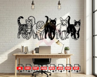 Five Cats Silhouette SVG, Laser Cut Files, Wall Art (Digital Download)