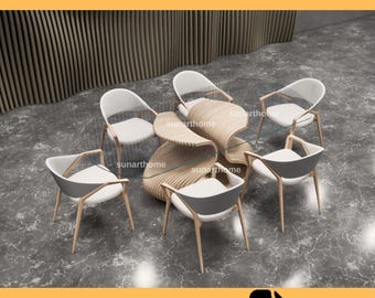 May include: A digital rendering of modern furniture, including six white and gray chairs with wooden legs and armrests, surrounding a unique wooden table. The image includes the text "CNC FURNITURE FILE" and "CUTTING READY DXF FILE".