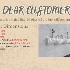 May include: A white, wavy wall shelf with a series of curved compartments, each holding small plants and decorative items. The shelf is 40 cm high, 262.8 cm wide, and 35 cm deep. The text "DEAR CUSTOMER" is at the top.