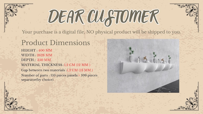 May include: A white, wavy wall shelf with a series of curved compartments, each holding small plants and decorative items. The shelf is 40 cm high, 262.8 cm wide, and 35 cm deep. The text "DEAR CUSTOMER" is at the top.