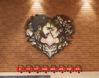 May include: A heart-shaped wall art piece featuring two intertwined faces, with tree-like elements forming the hair and surrounding the figures. The artwork is made of dark metal and mounted on a brick wall. The image also includes file format icons.