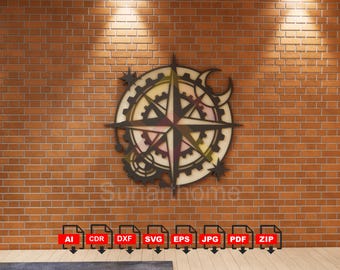 May include: A large, circular wall art piece featuring a compass rose design with gears, stars, and a crescent moon. The artwork is made of dark brown material and is mounted on a brick wall. The word "Sunarthome" is visible.