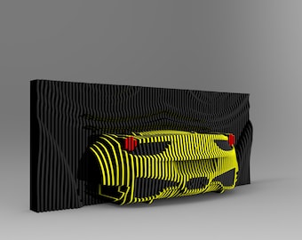 May include: A yellow and black striped car partially hidden behind a black and gray striped wall. The car has red taillights.
