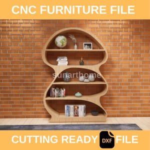 May include: A wooden bookshelf with a unique mushroom-like design. The shelves hold books, decorative items, and a globe. The text "CNC FURNITURE FILE" and "CUTTING READY DXF FILE" are displayed.