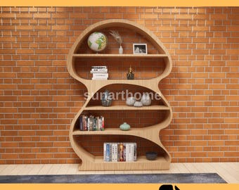 May include: A wooden bookshelf with a unique mushroom-like design. The shelves hold books, decorative items, and a globe. The text "CNC FURNITURE FILE" and "CUTTING READY DXF FILE" are displayed.